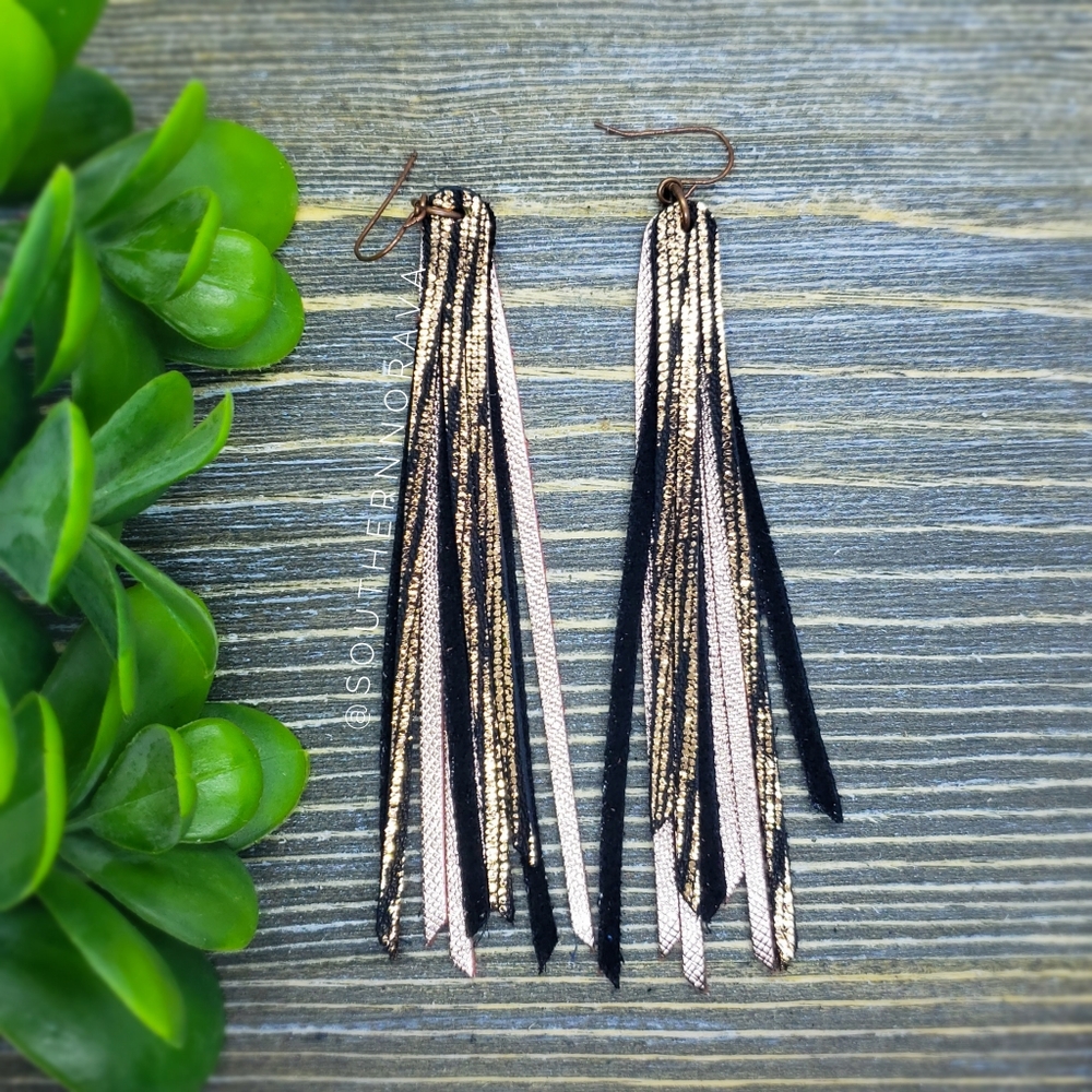 Black and Rose Gold Genuine Leather Tassel Earring
